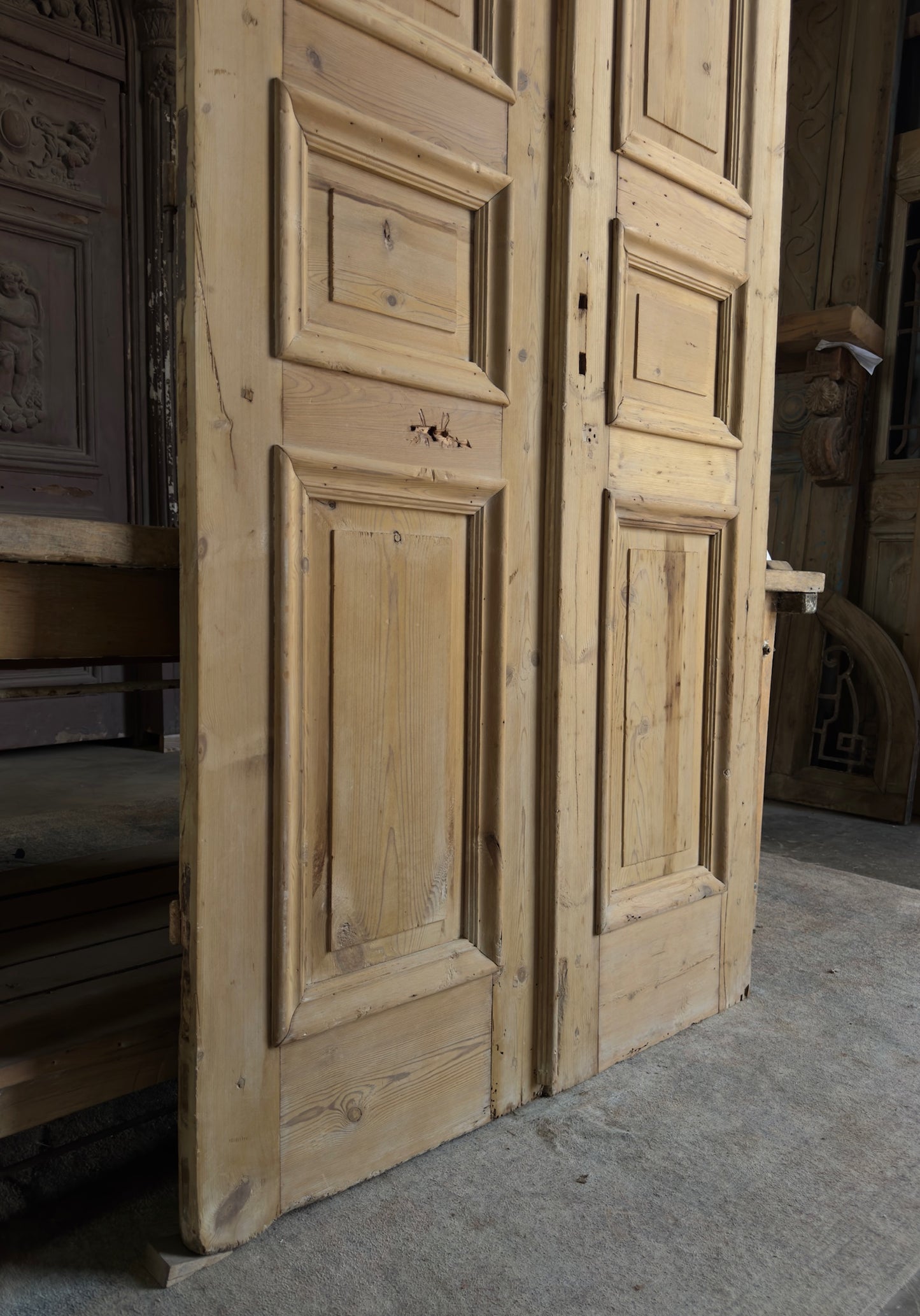 Raised Molding 3 Panel Antique Solid French Doors - 43.25x100 K407