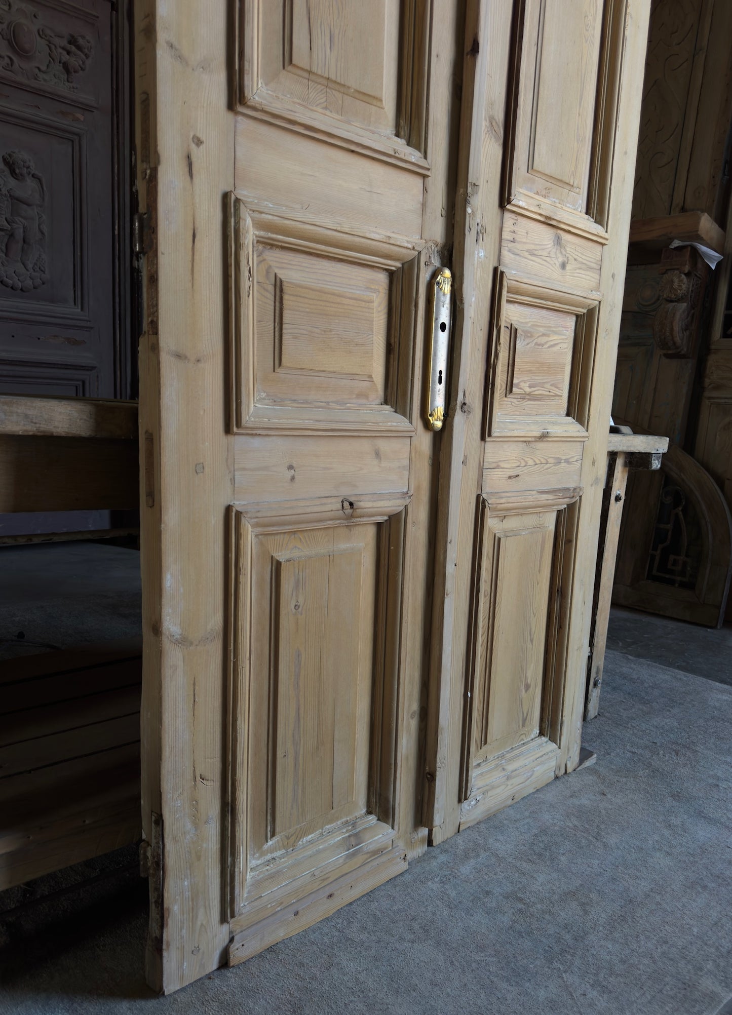 Raised Molding 3 Panel Antique Solid French Doors - 43x93 K403
