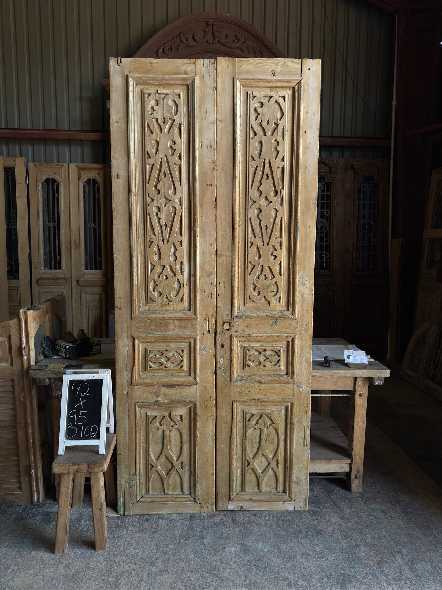 3 Panel Carved Antique Solid French Doors - 42x95 J102