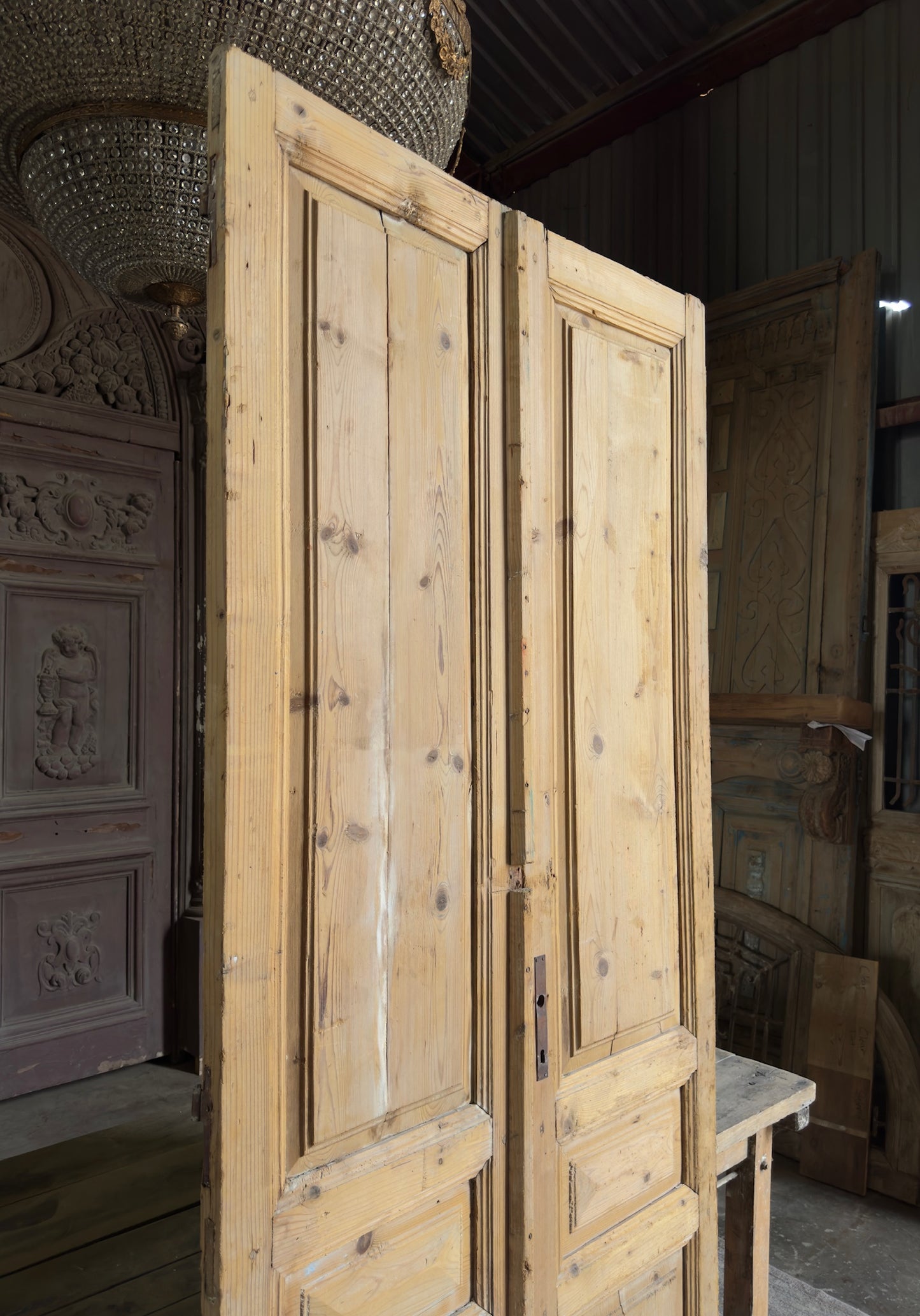 3 Panel Antique Solid French Doors - 42x95 K362