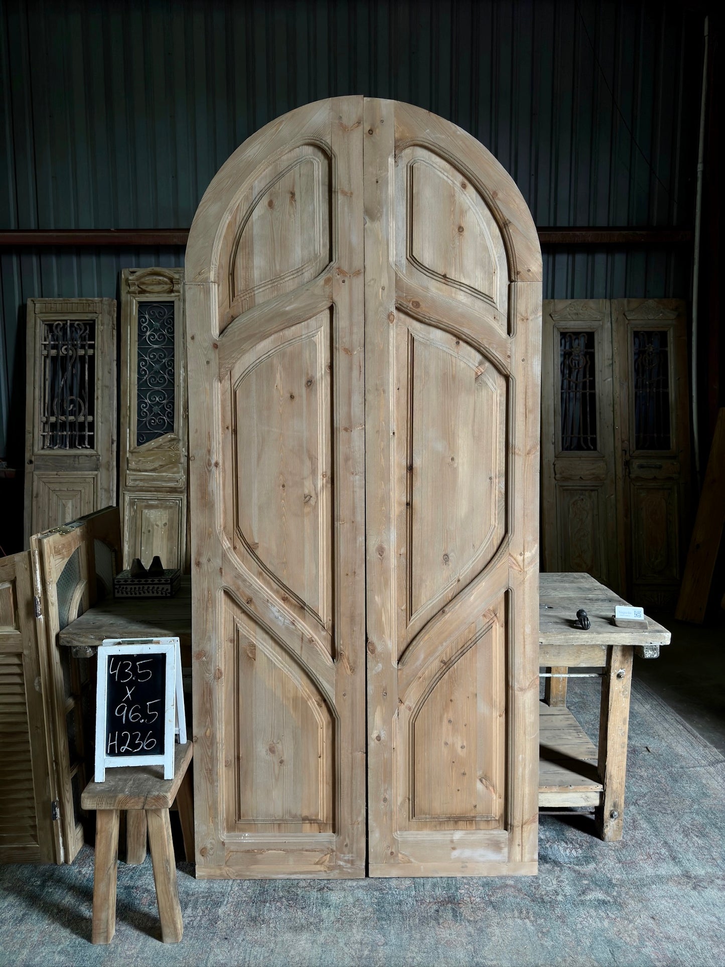 (The Merlin) Handrcrafted Arched Baltic Pine French Doors - 43.5x96.5 H236