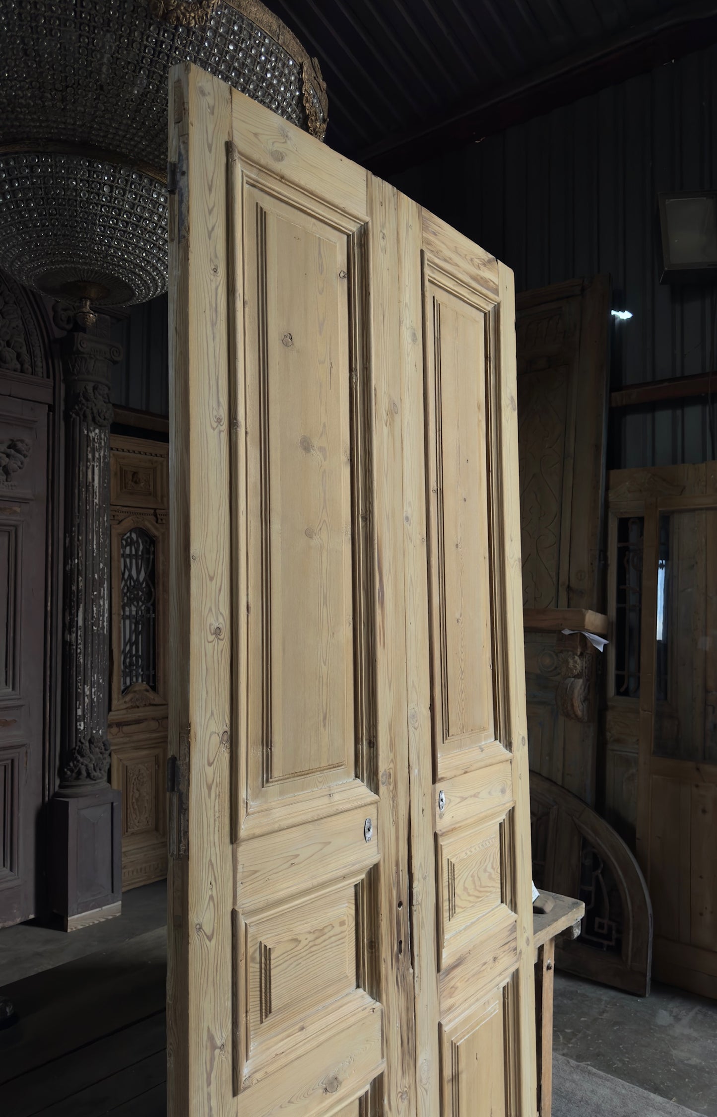 Raised Molding 3 Panel Antique Solid French Doors - 44.25x103 K379