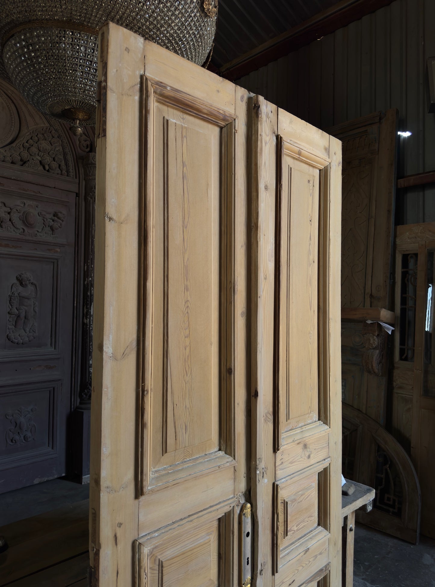 Raised Molding 3 Panel Antique Solid French Doors - 43x93 K403