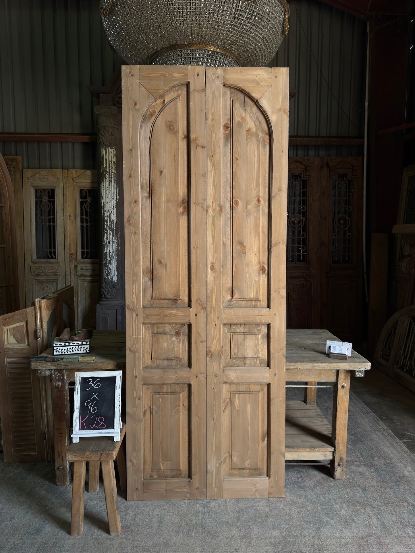 Handcrafted 3 Panel Arched Carved French Doors - 36x96 K28