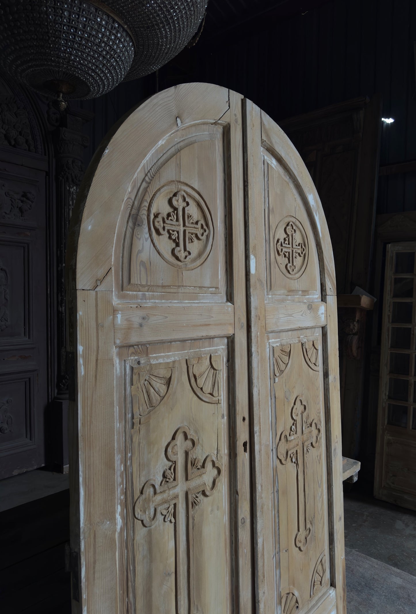 Antique Solid Arched Doors with Carved Cross - 52x90 - L142
