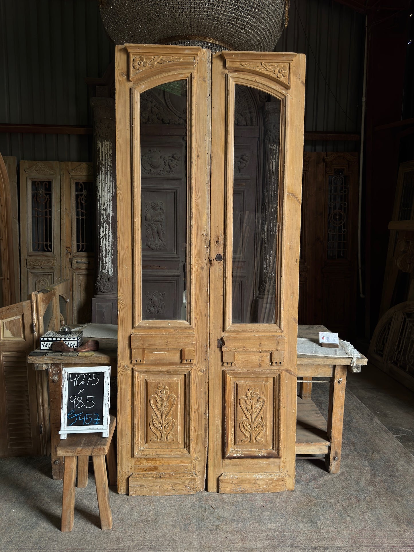 19th Century Antique Hand Carved Glass French Doors - 40.75x98.5 J457