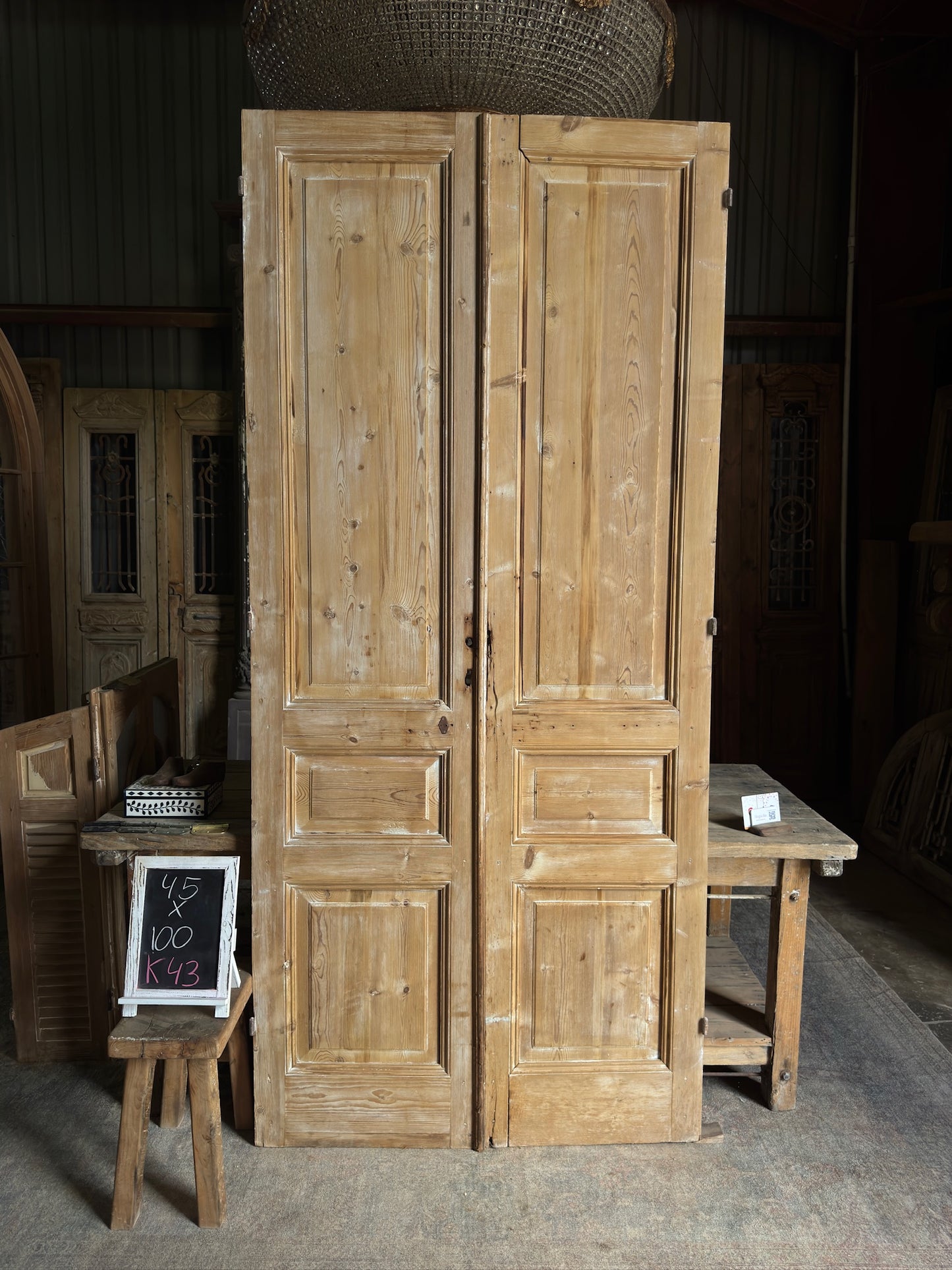 3 Panel Antique Solid French Doors - 45x100 K43