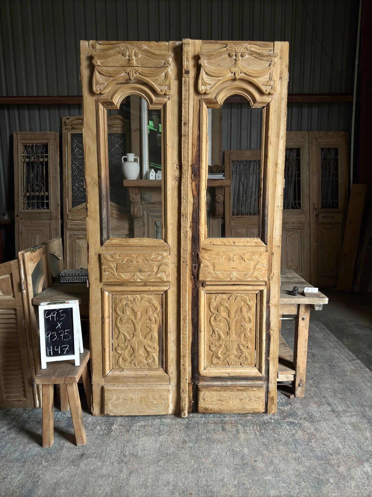 Thick Antique Hand Carved Glass French Doors  - 49.5x93.75  H47
