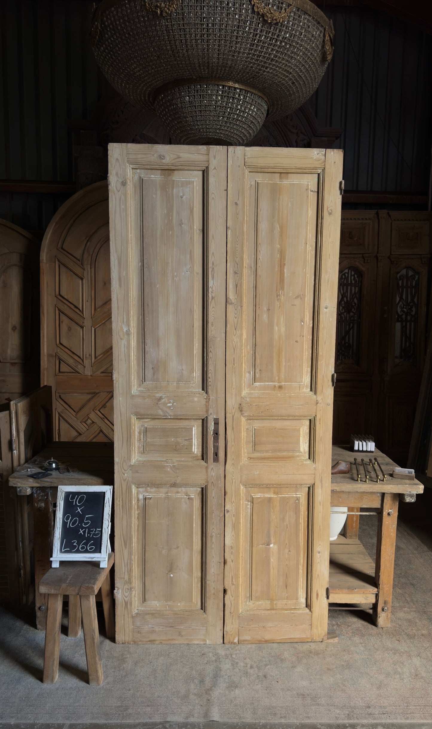 3 Panel Antique Solid French Doors - 40x90.5 - L366