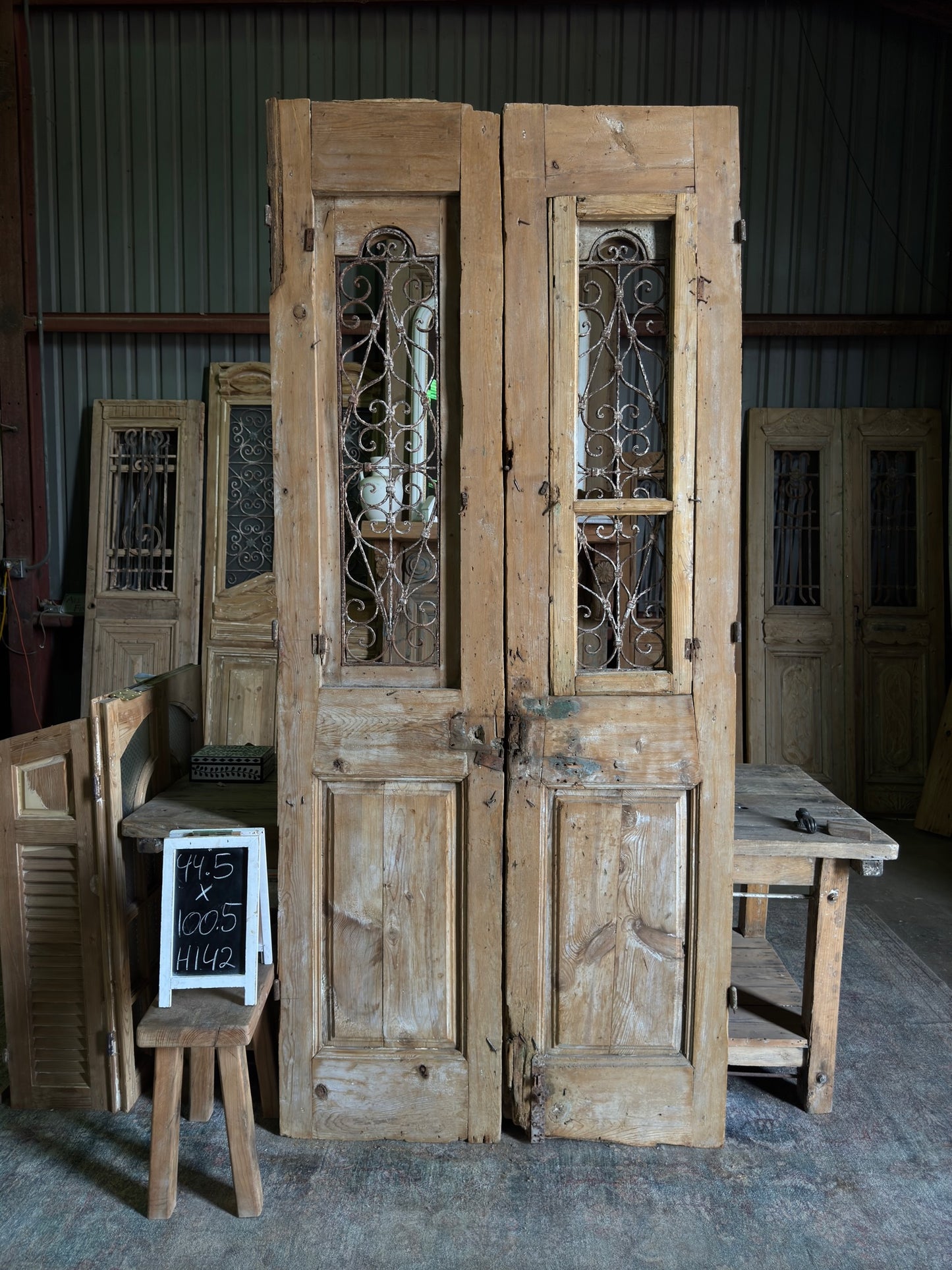 Bold Carved Antique Iron Entry Doors - 44.5x100.5 H142