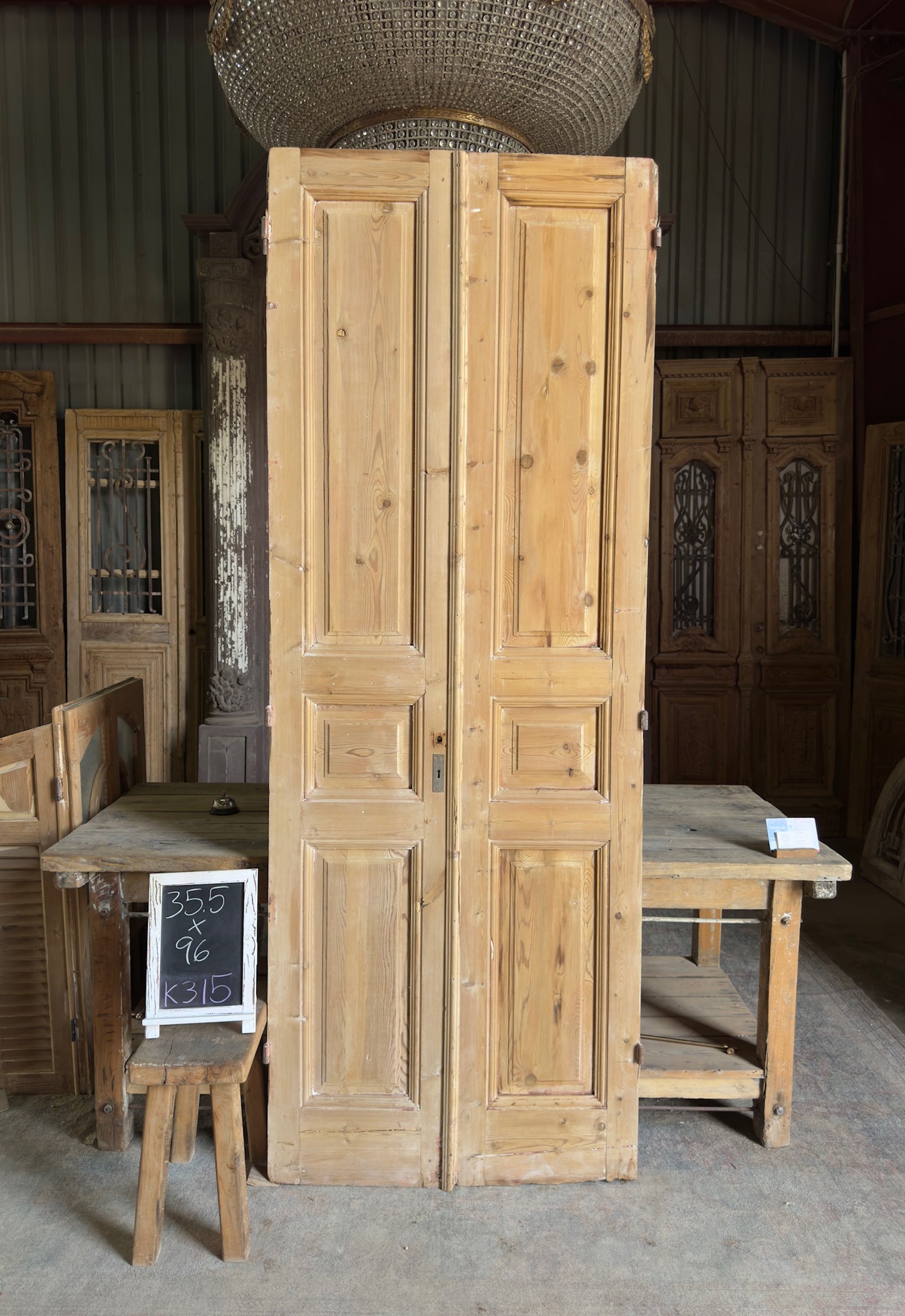 3 Panel Antique Solid French Doors - 35.5x96 K315