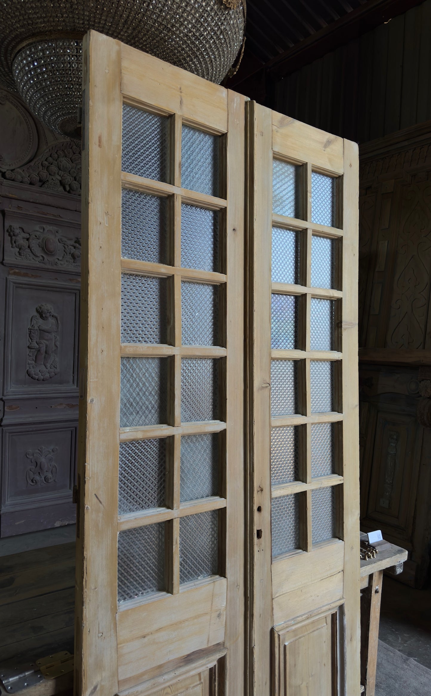 Antique Obscured Glass 12 Lite French Doors - 43.5x96.5 - L557