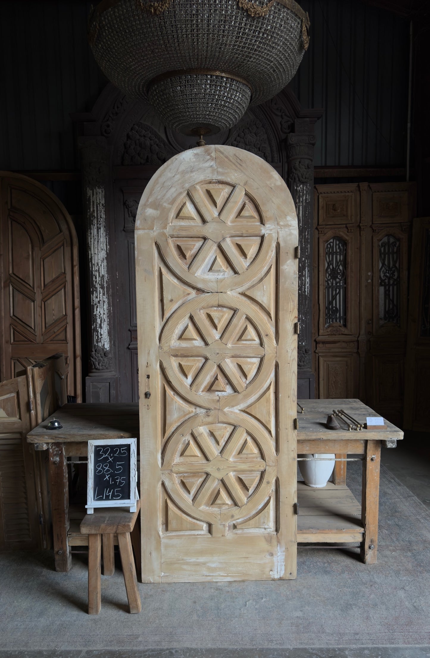 Triple Rosette Antique Arched Solid Single Door -32.25x88.5 - L145