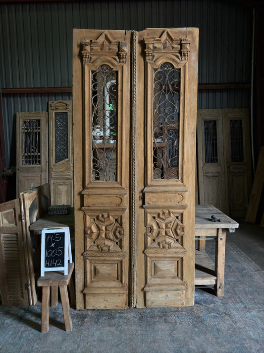 Bold Carved Antique Iron Entry Doors - 44.5x100.5 H142