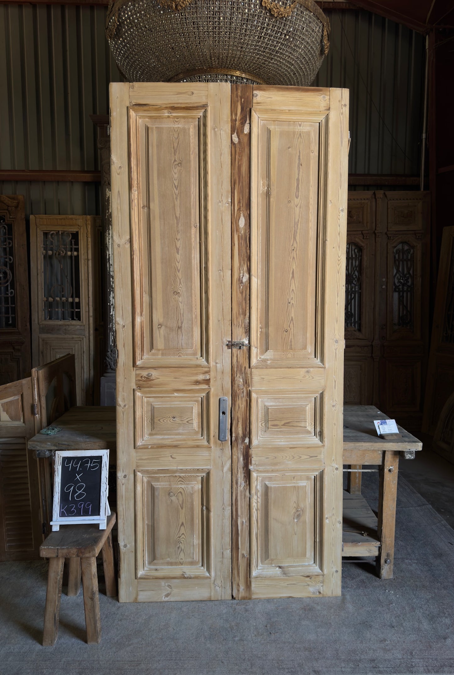 Raised Molding 3 Panel Antique Solid French Doors - 44.75x98 K399