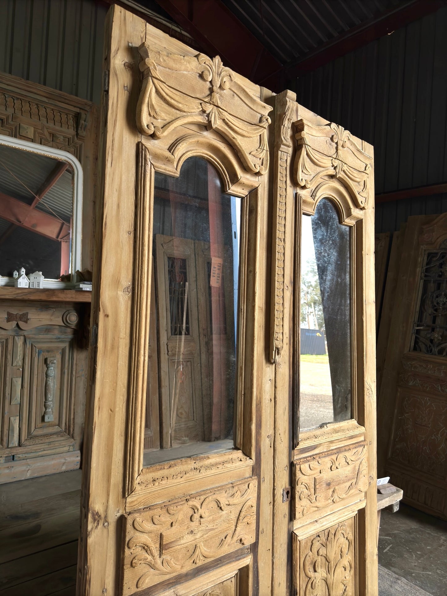 Thick Antique Hand Carved Glass French Doors  - 49.25x93 H46