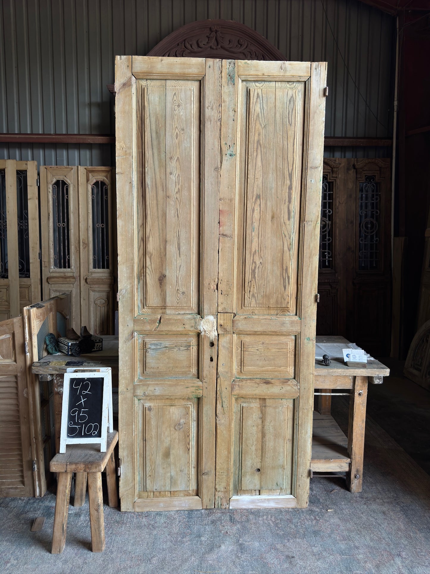 3 Panel Carved Antique Solid French Doors - 42x95 J102