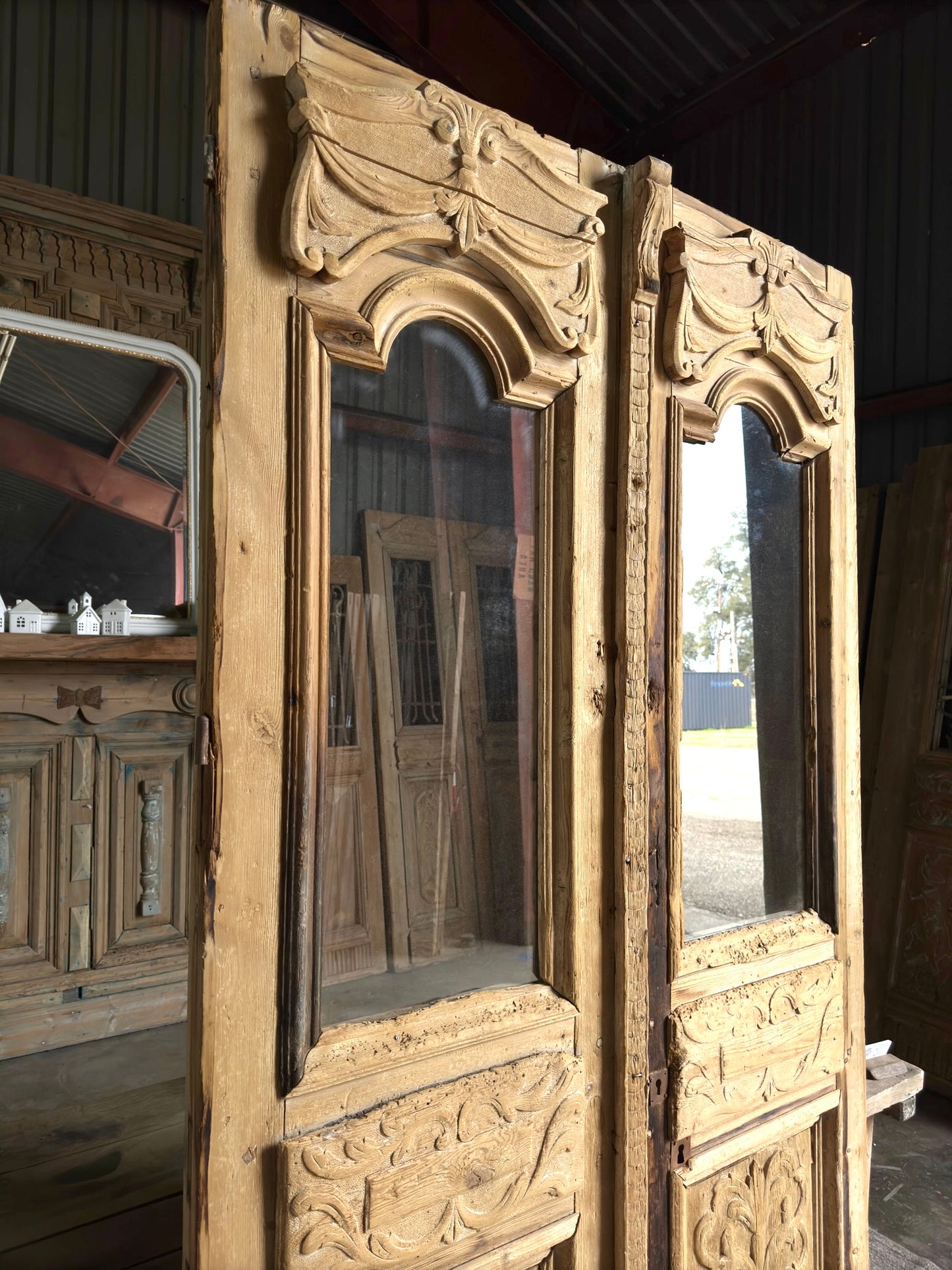 Thick Antique Hand Carved Glass French Doors  - 49.5x93.75  H47