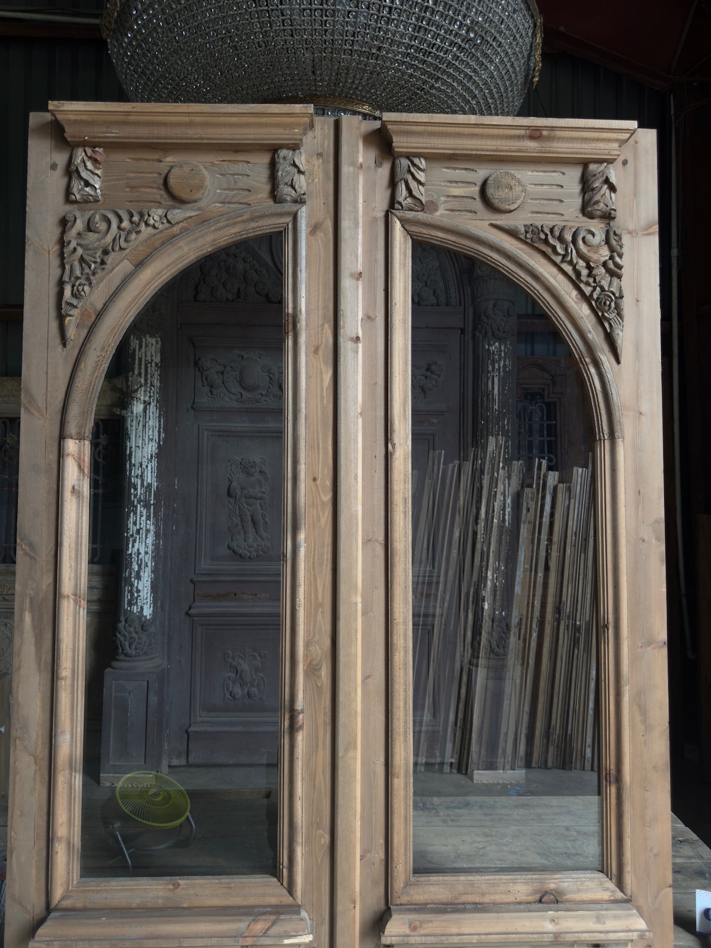 Handcrafted Glass Arched Baltic Pine Carved French Doors - 48x96 K3