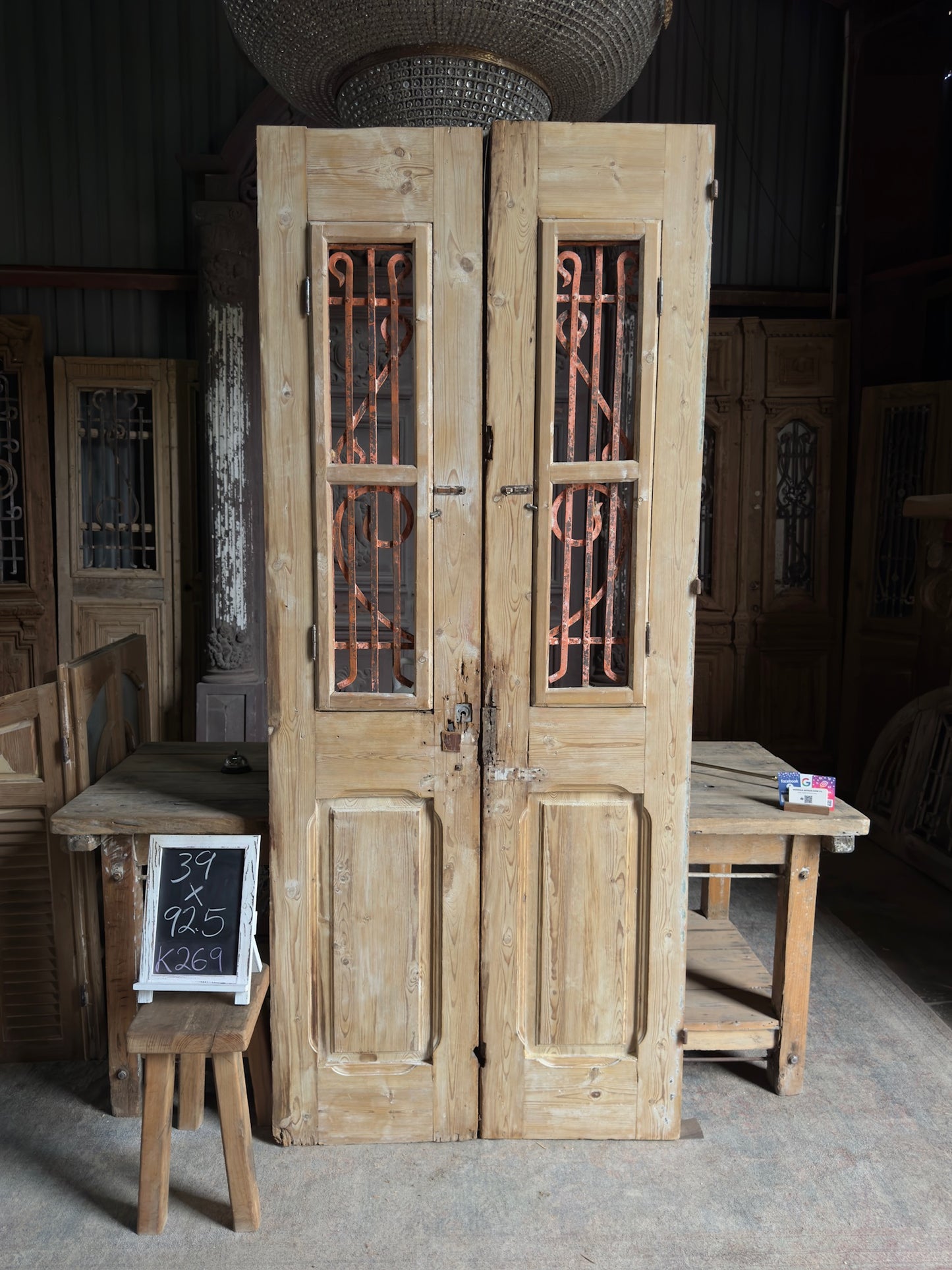 Hand Carved Antique Iron Double Doors - 39x92.5 K269