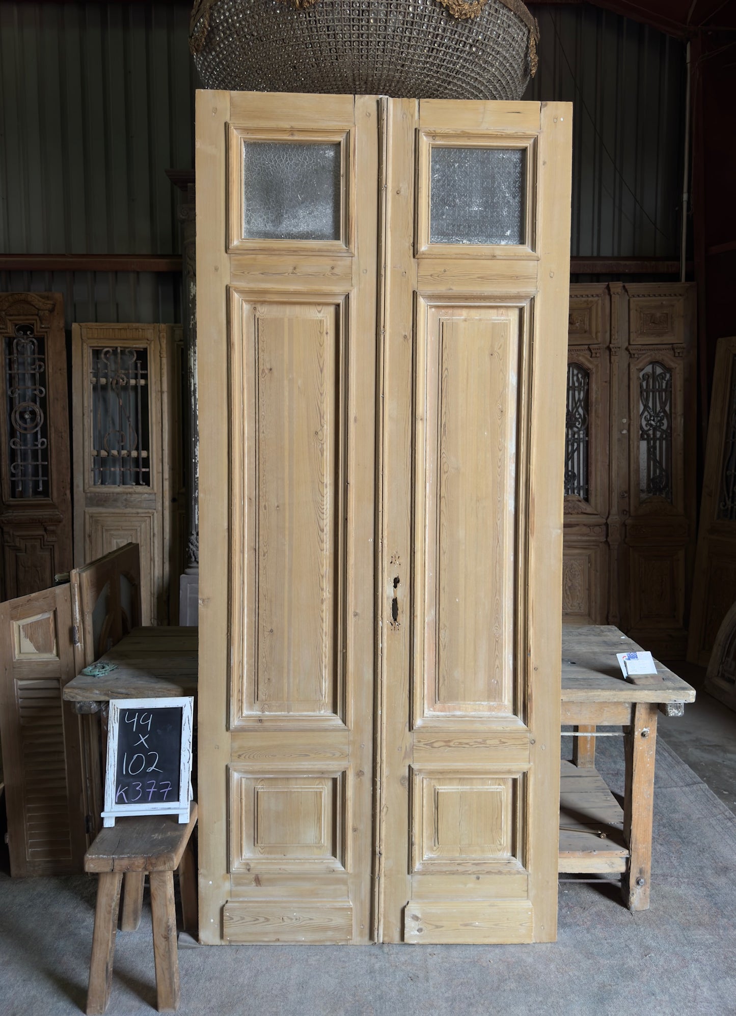 Raised Molding 3 Panel Antique Glass Top French Doors - 44x102 K377
