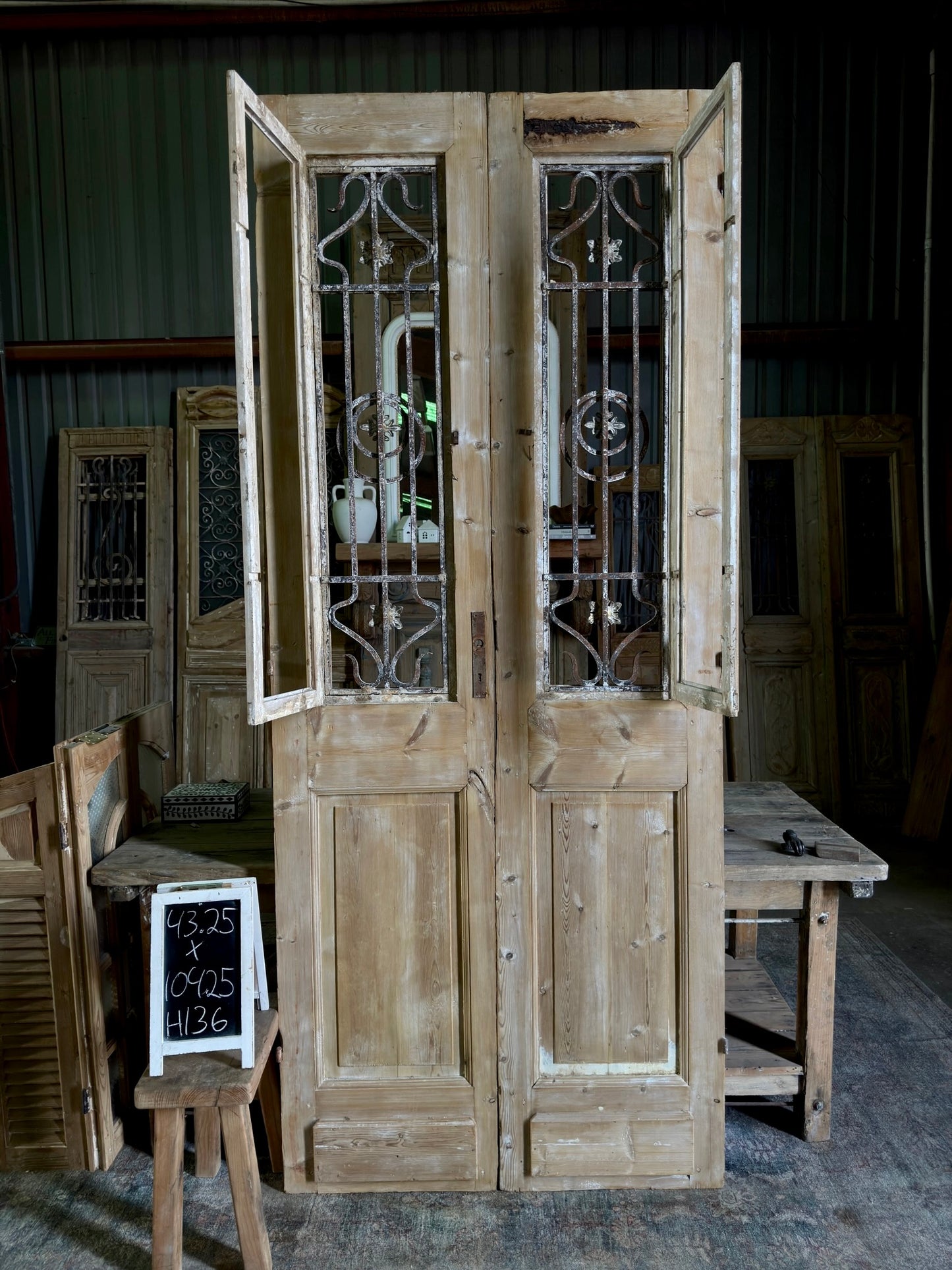 Antique Hand Carved Iron French Doors - 43.25x104.25 H136