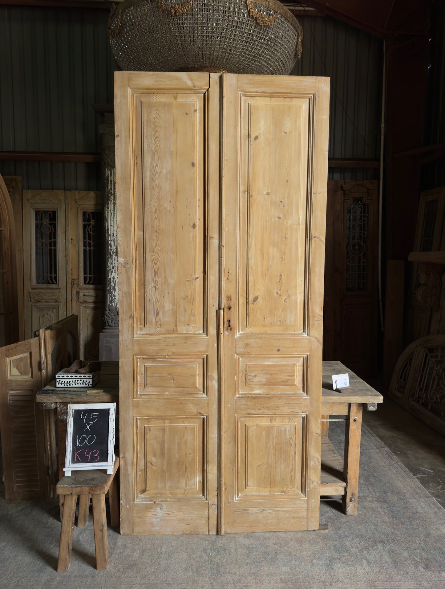 3 Panel Antique Solid French Doors - 45x100 K43