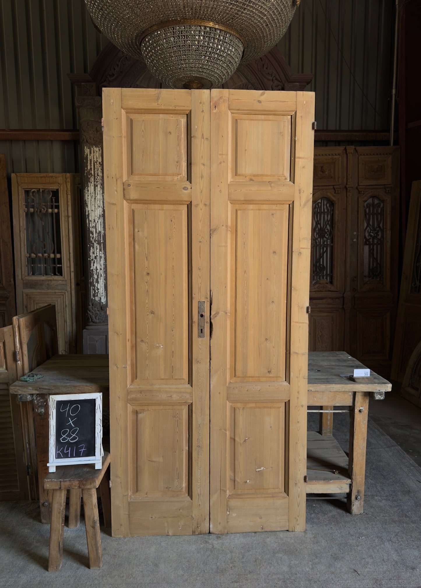 3 Panel Antique Solid French Doors - 40x88 K417