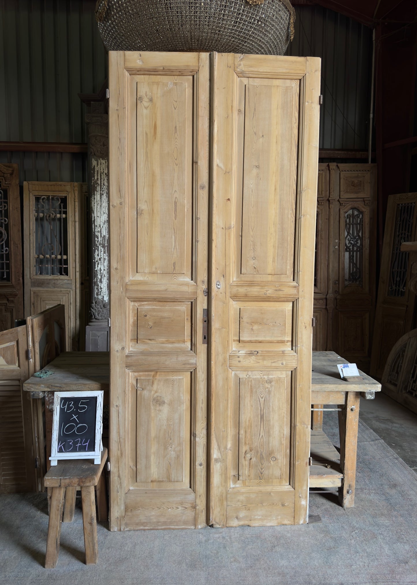 Raised Molding 3 Panel Antique Solid French Doors - 43.5x100 K374