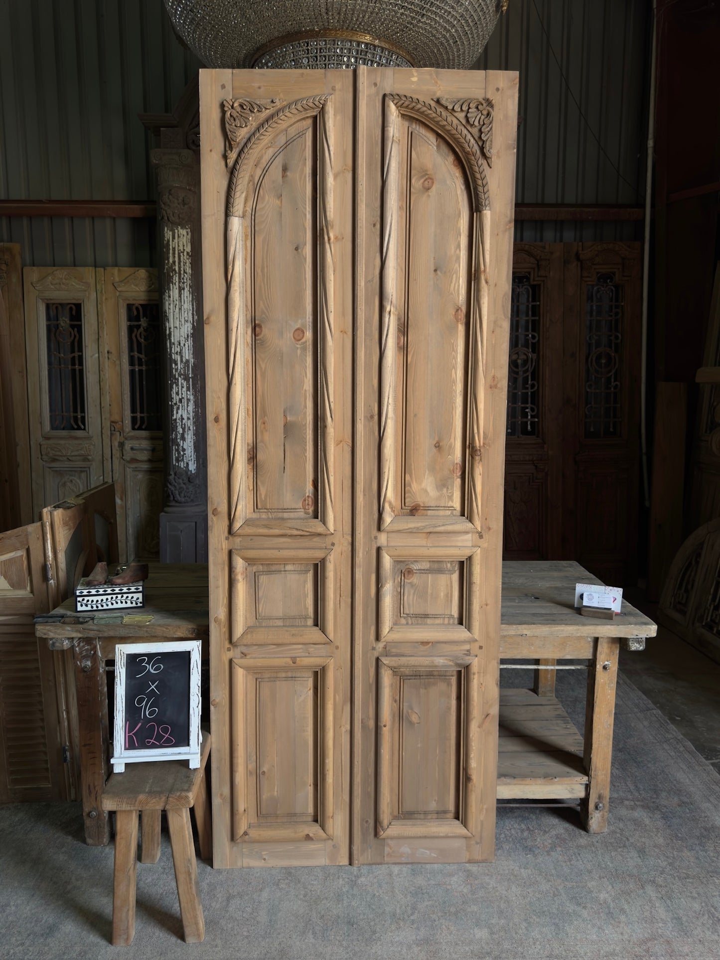 Handcrafted 3 Panel Arched Carved French Doors - 36x96 K28