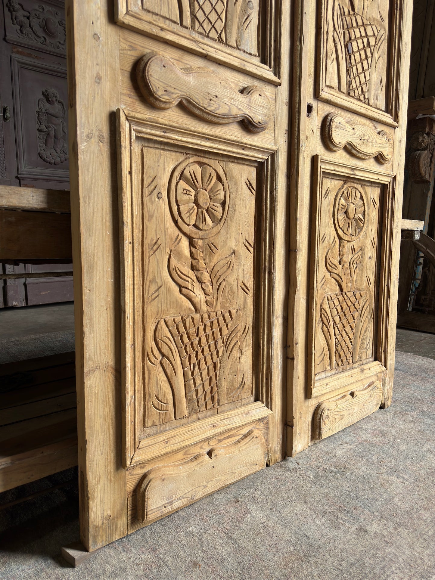 Flower Carved Antique French Doors - 52x91 K198
