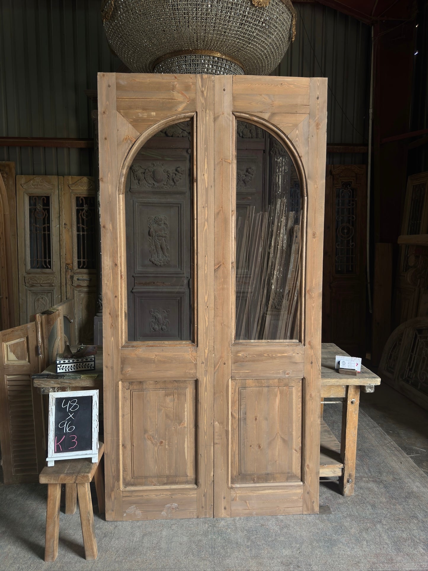 Handcrafted Glass Arched Baltic Pine Carved French Doors - 48x96 K3