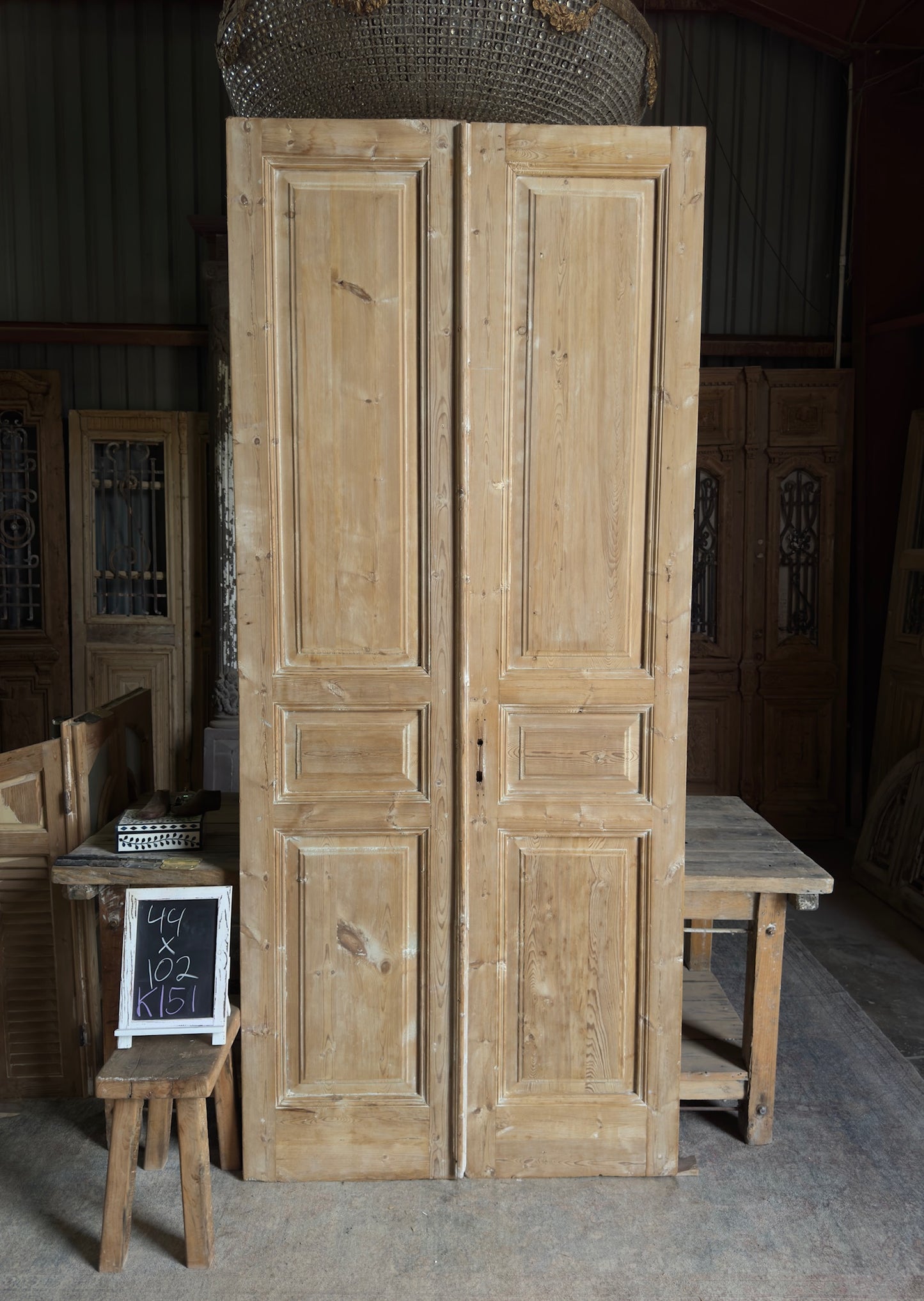 3 Panel Antique Solid French Doors - 44x102 K151