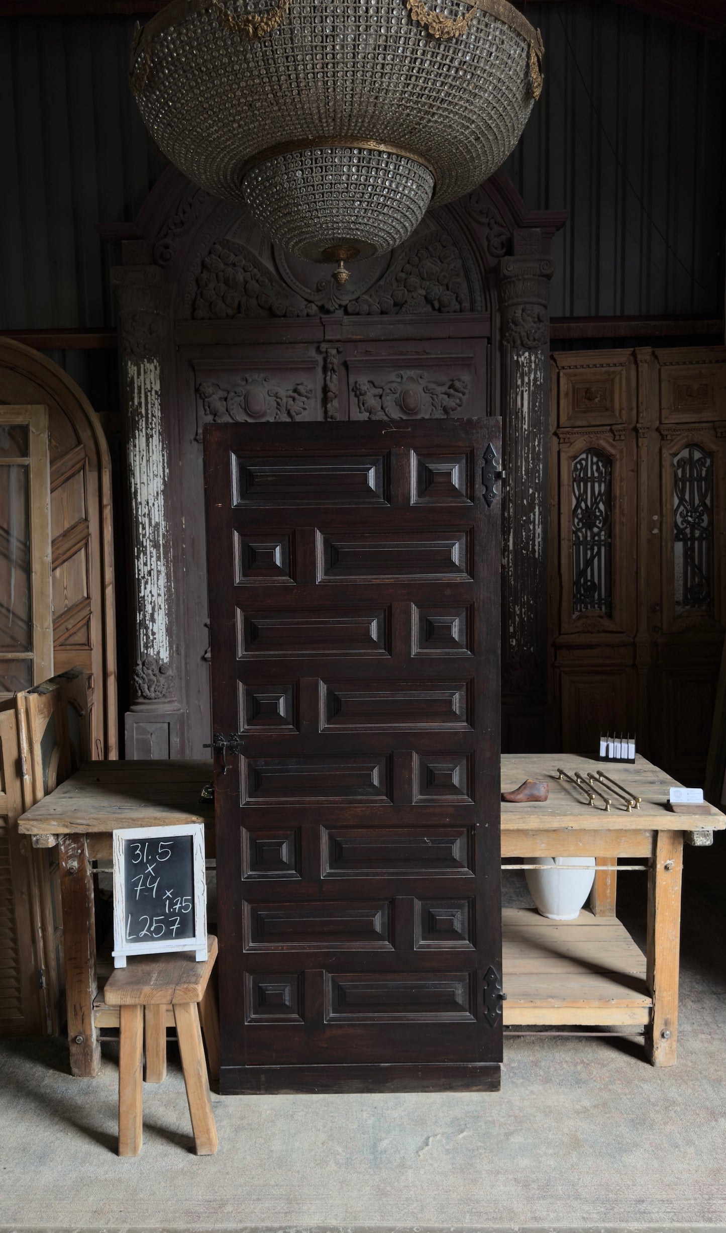 Spanish Coffered Panel Antique Single Door - 31.5x74 - L257