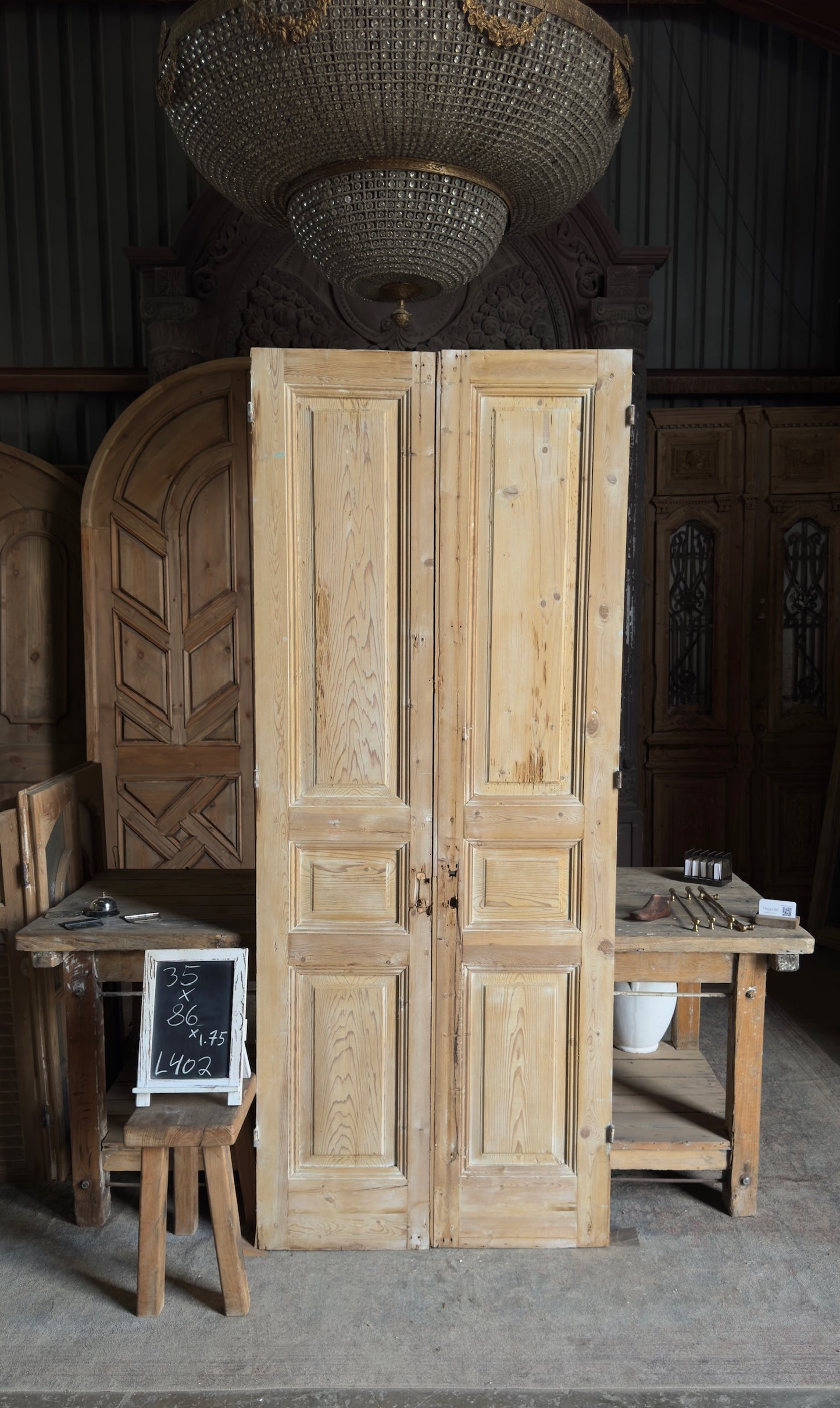 3 Panel Carved Antique Solid French Doors - 35x86 - L402