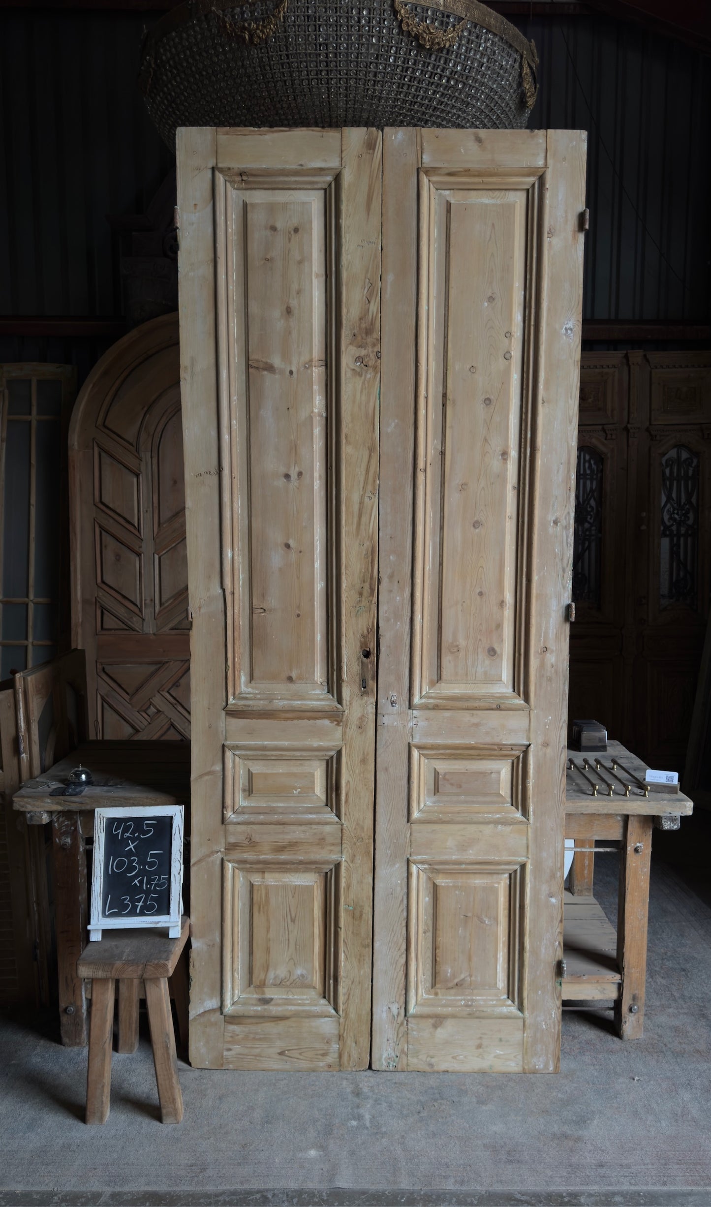 Raised Molding 3 Panel Antique Solid French Doors - 42.5x103.5 - L375