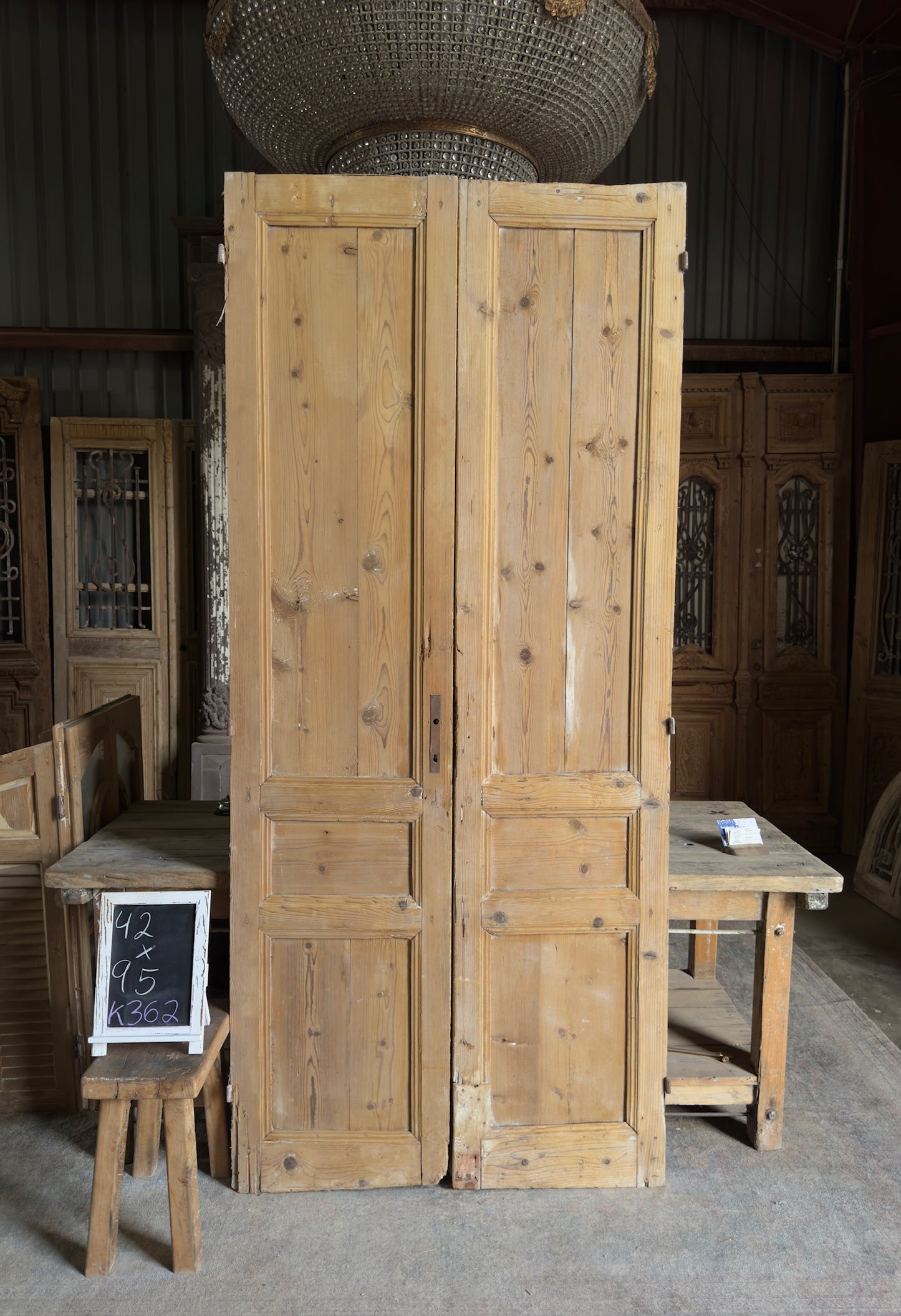 3 Panel Antique Solid French Doors - 42x95 K362