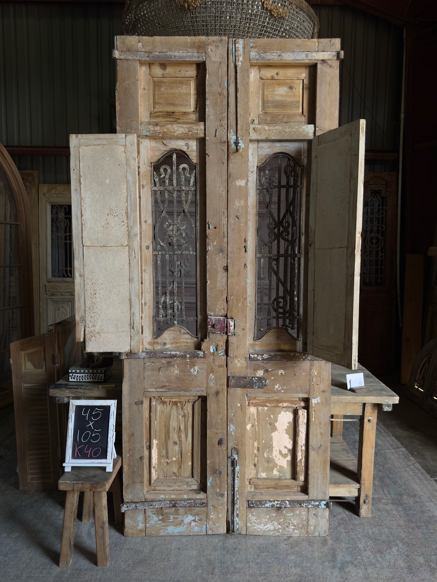 Ornate Carved Antique Iron French Doors - 45x105 K40
