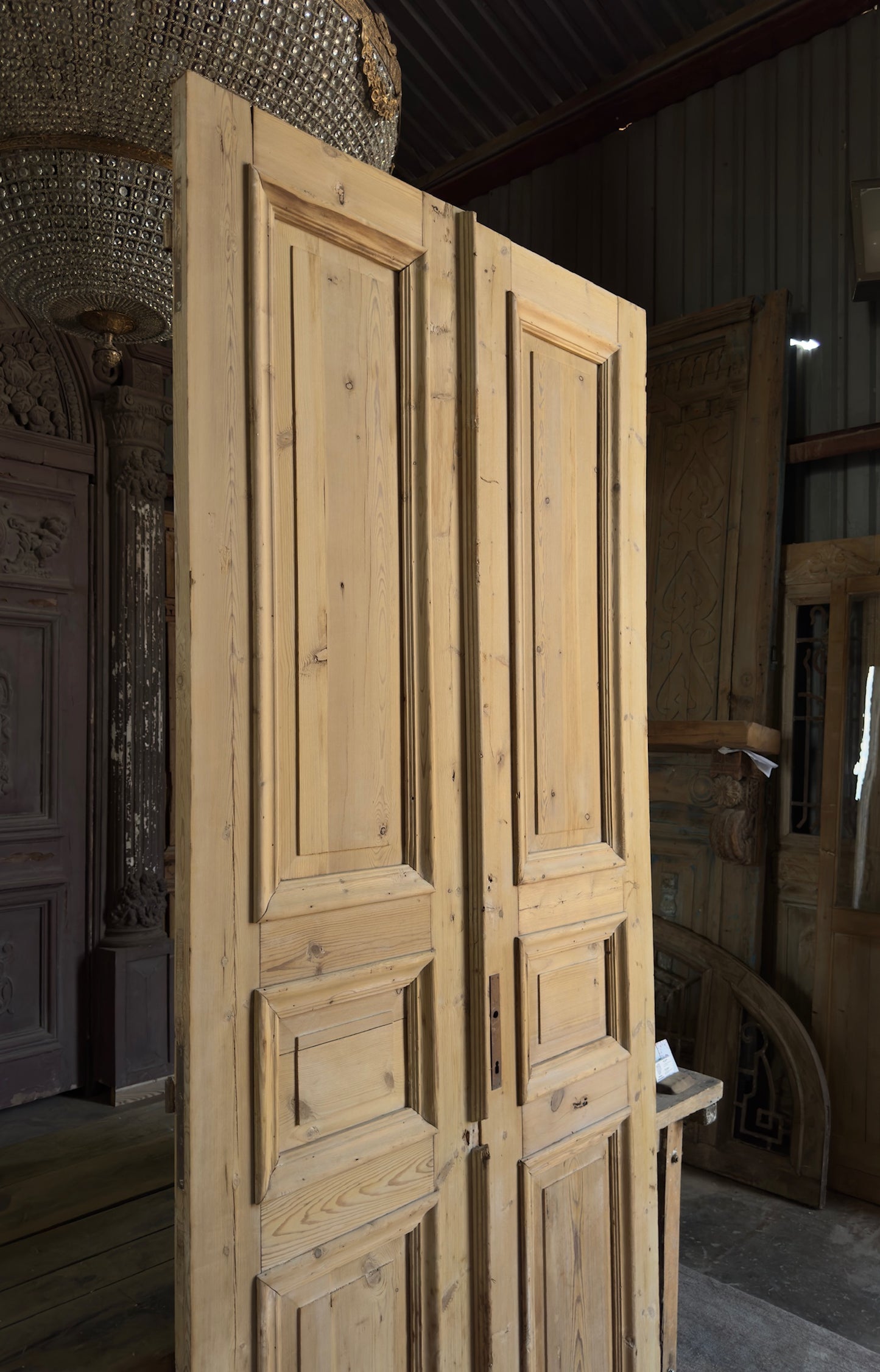 Raised Molding 3 Panel Antique Solid French Doors - 42.5x99.5 K410