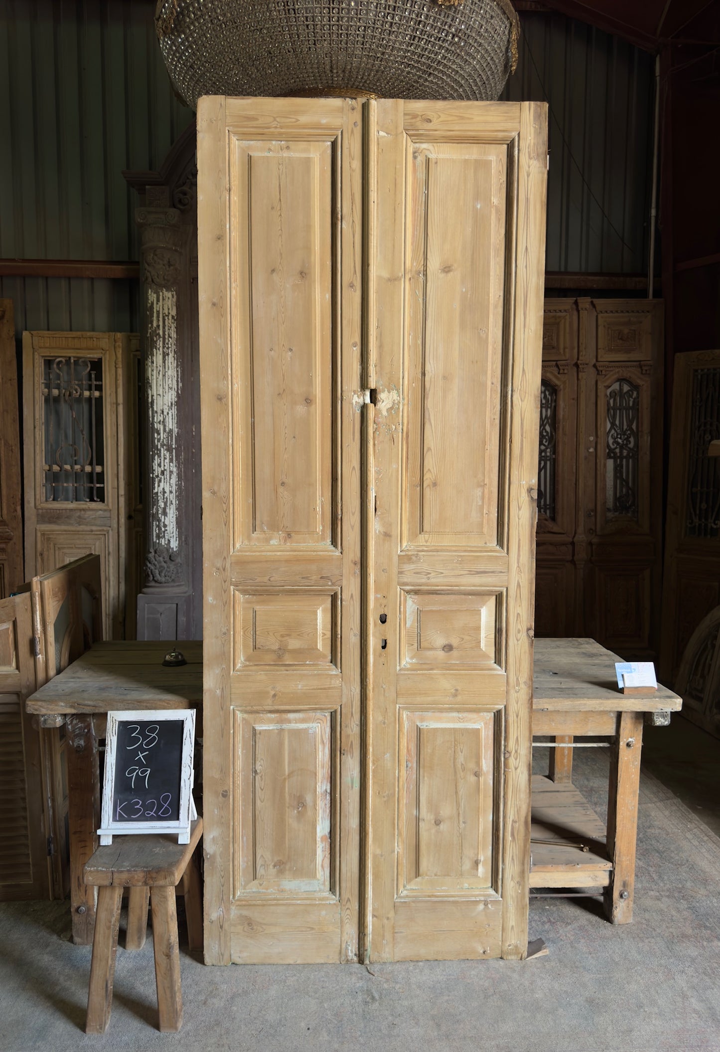 3 Panel Antique Solid French Doors - 38x99 K328