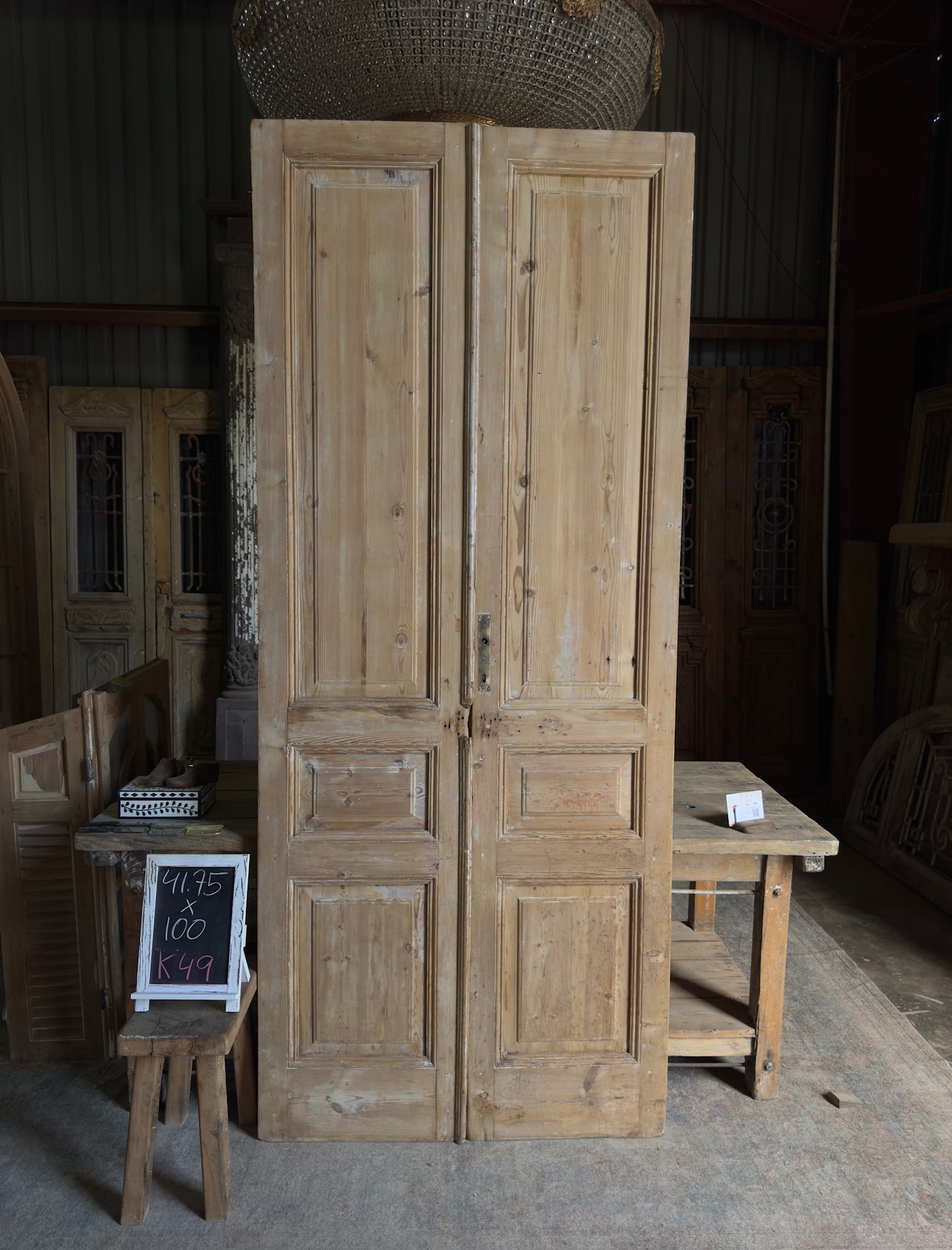 3 Panel Antique Solid French Doors - 41.75x100 K49