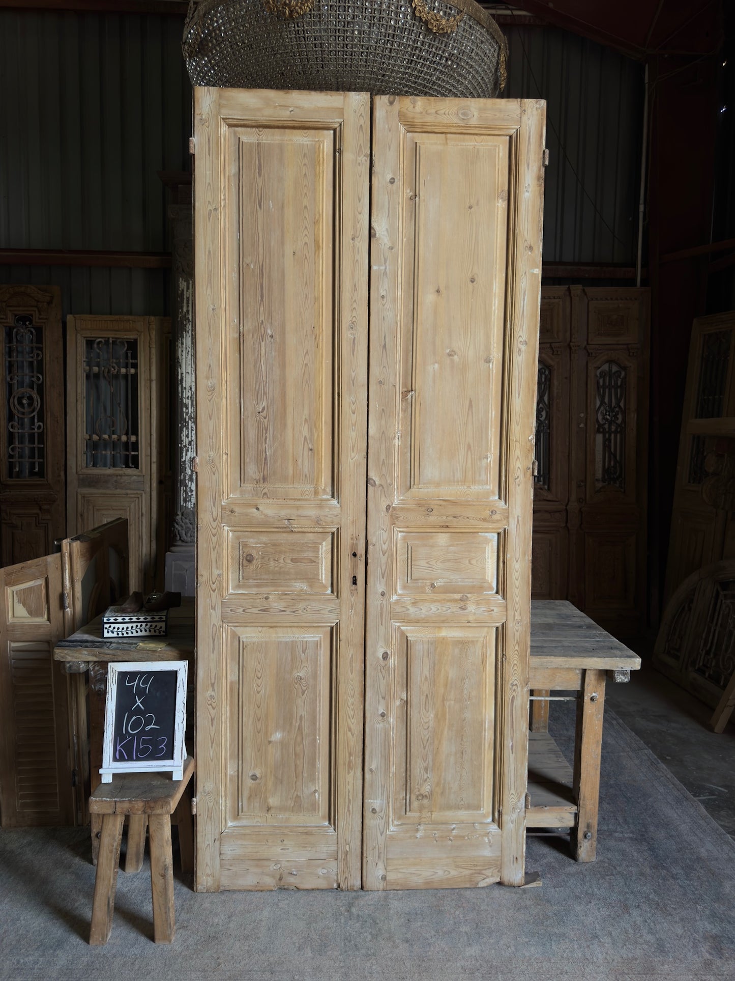 3 Panel Antique Solid French Doors - 44x102 K153