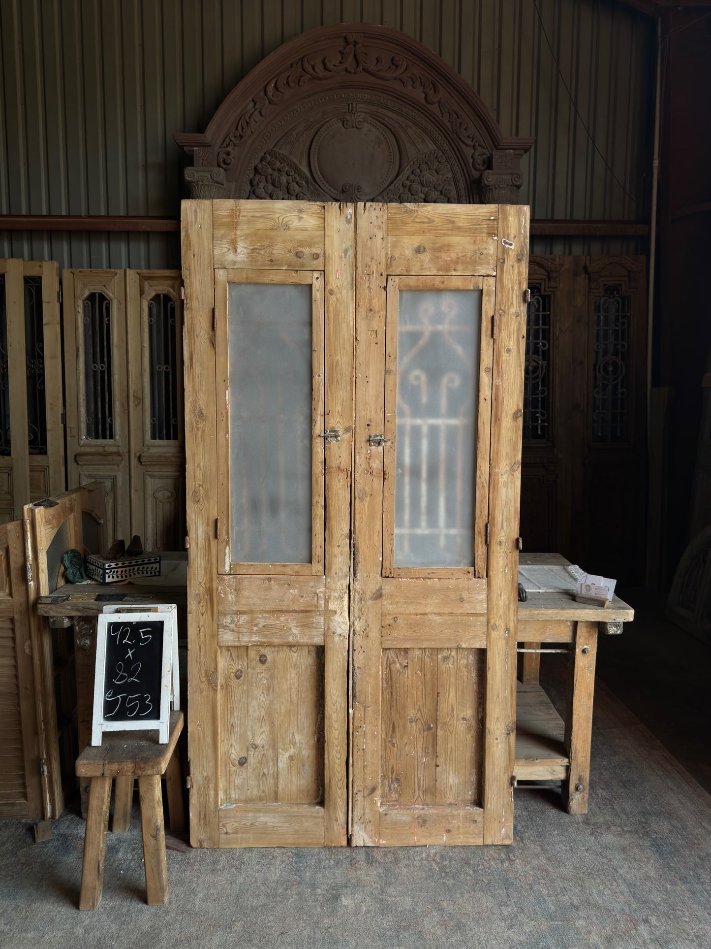 Carved Antique Iron French Double Doors - 42.5x82 J53