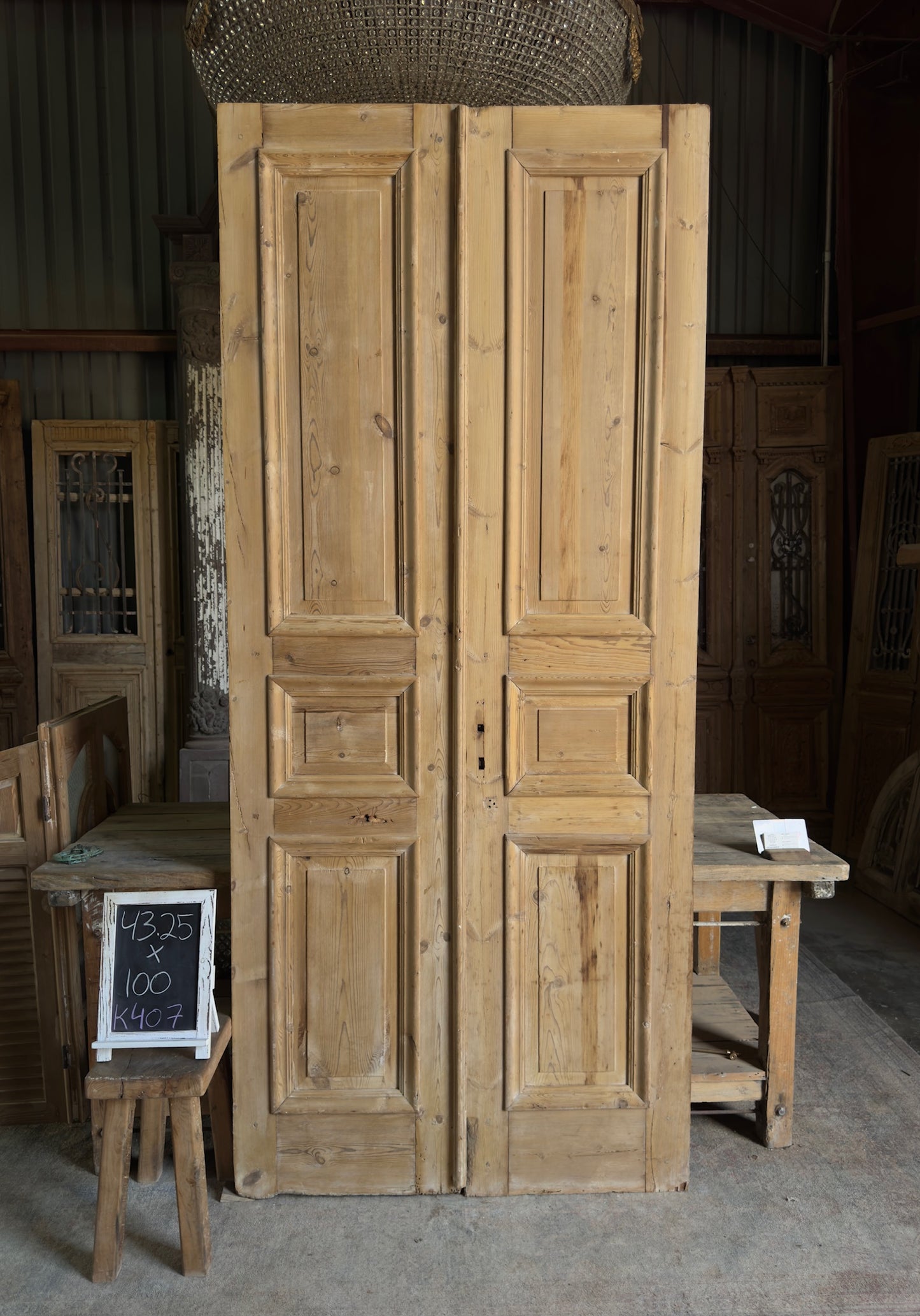 Raised Molding 3 Panel Antique Solid French Doors - 43.25x100 K407