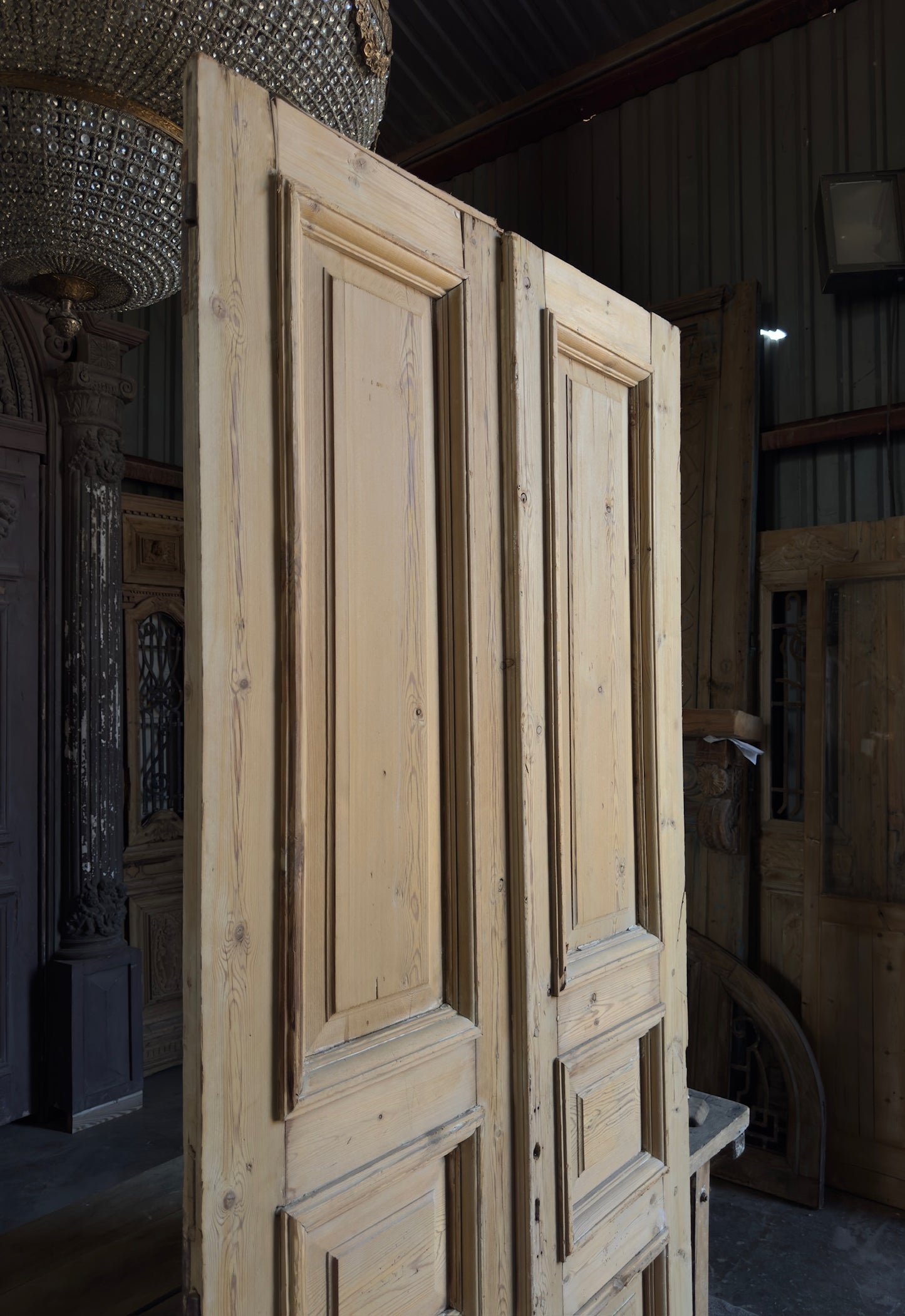 Raised Molding 3 Panel Antique Solid French Doors - 43x96 K402