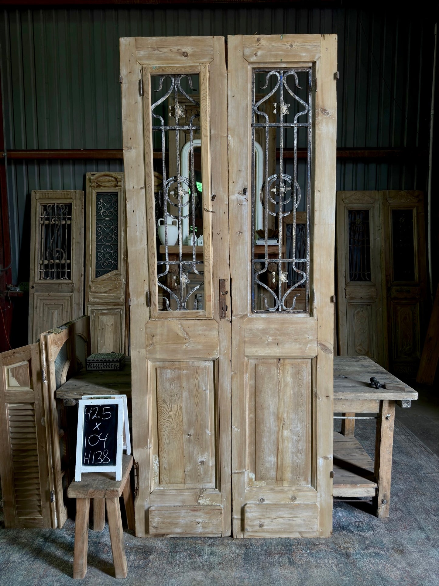 Antique Hand Carved Iron French Doors - 42.5x104 H138