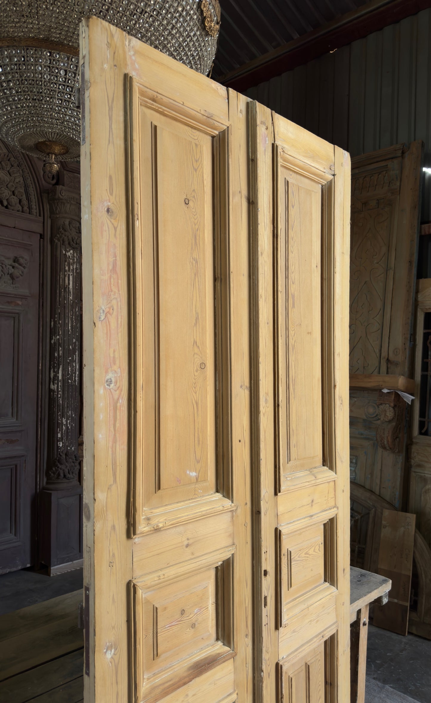 Raised Molding 3 Panel Antique Solid French Doors - 42.5x98.5 K355