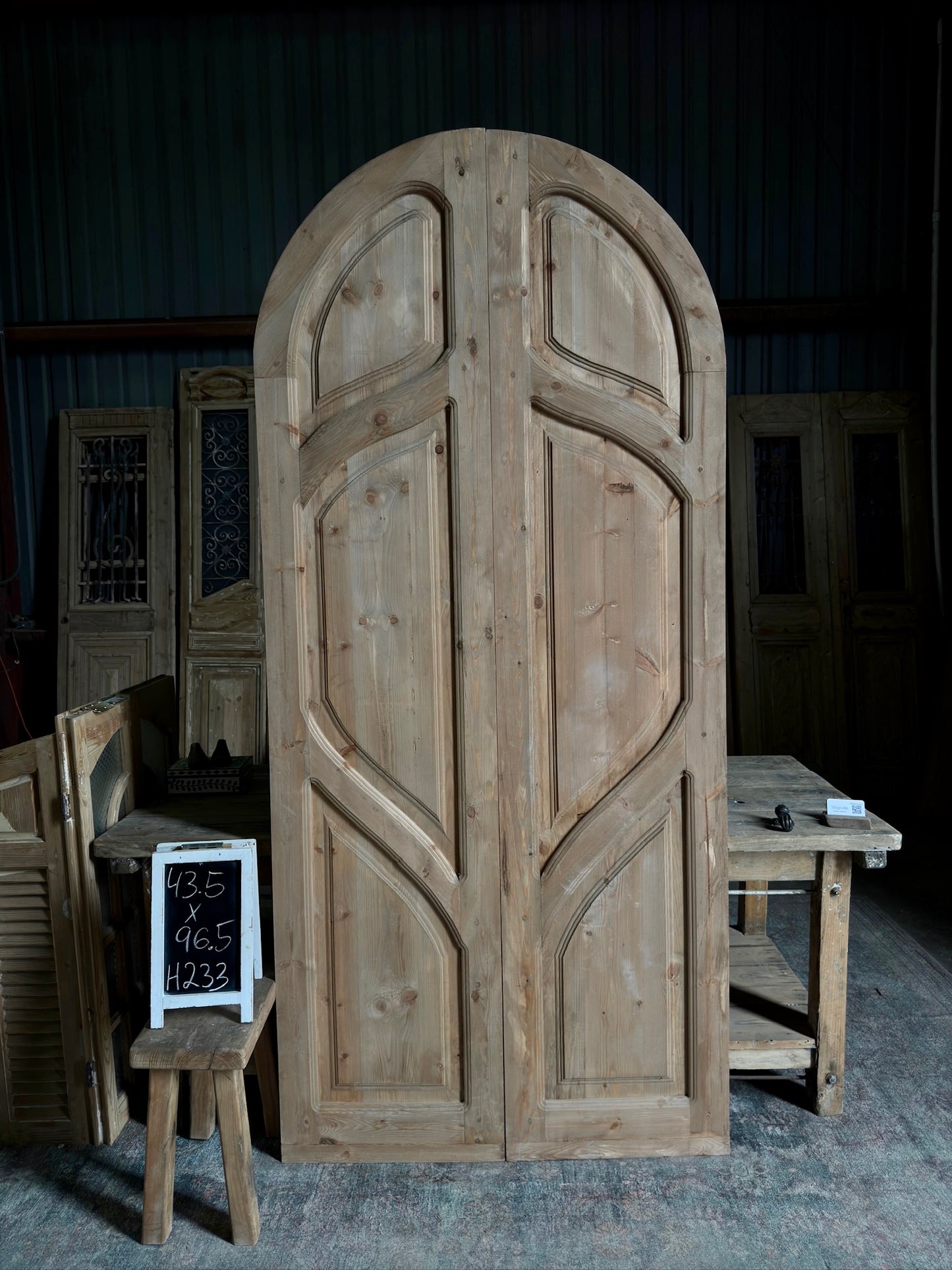 (The Merlin) Handrcrafted Arched Baltic Pine French Doors - 43.5x96.5 H233
