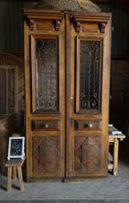 French Iron & Glass Antique Double Doors with Parquet Panels - 57x112.5 - L272