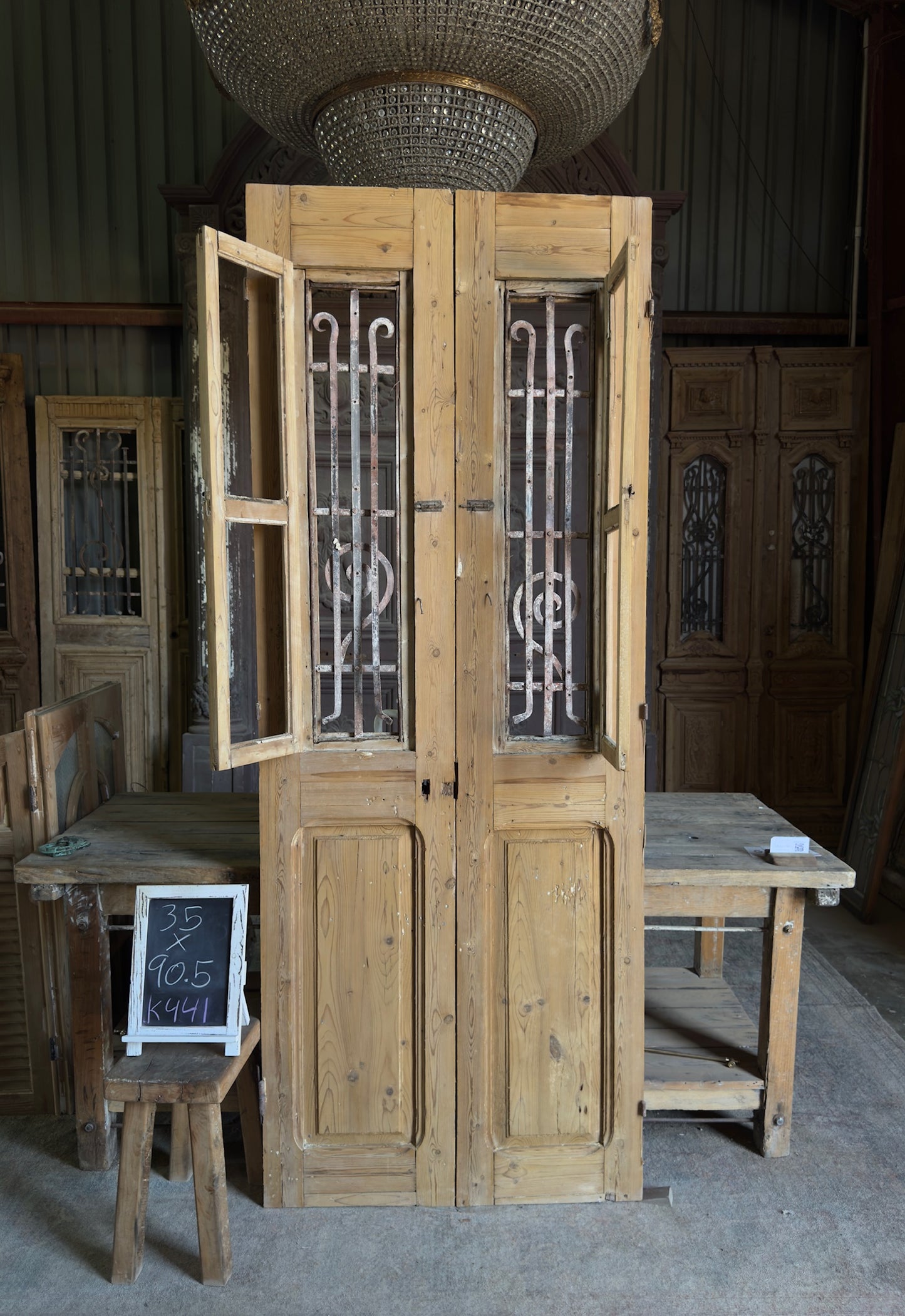 Hand Carved Antique Iron Double Doors - 35x90.5 K441